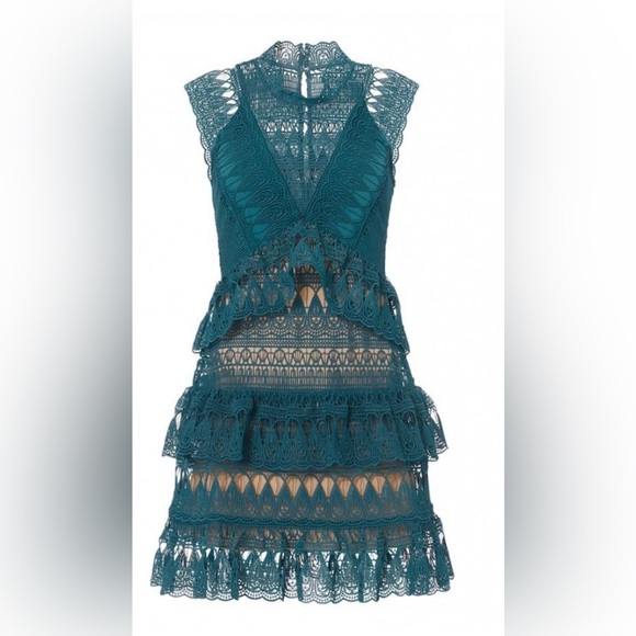 NEW SELF PORTRAIT GUIPURE LACE TEAL TIERED PARTY DRESS NWT! - Picture 2 of 8